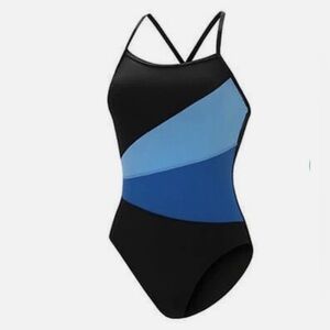 NWT, Women's Aquashape Color Block Moderate One Piece, black and royal, 14, A58